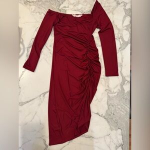 Astr Long Sleeve Red Ruched Dress